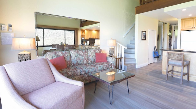 living room featuring dark wood-type flooring