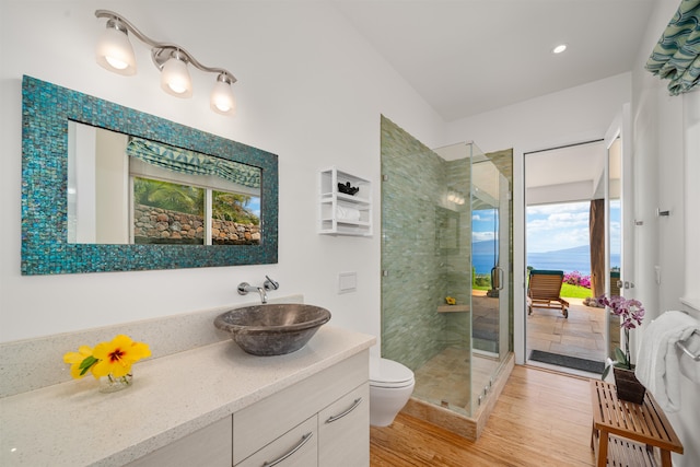 bathroom with hardwood / wood-style floors, toilet, an enclosed shower, and vanity