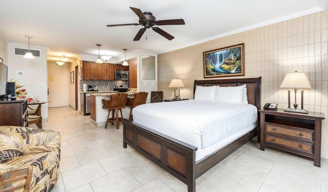 tiled bedroom with crown molding and ceiling fan