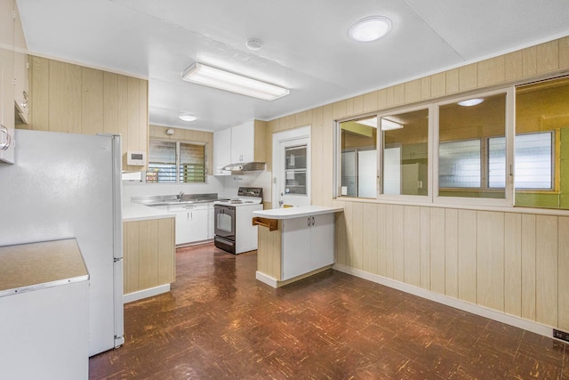 kitchen featuring dark floors, under cabinet range hood, electric stove, light countertops, and freestanding refrigerator