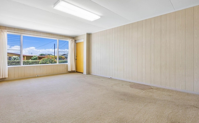 unfurnished room with carpet floors and wood walls