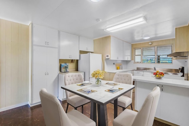 kitchen with under cabinet range hood, a sink, white cabinets, light countertops, and freestanding refrigerator