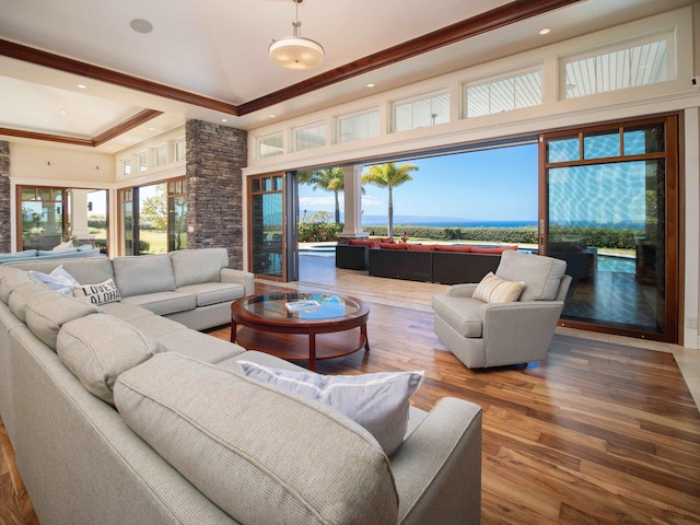 living room with a raised ceiling, a high ceiling, hardwood / wood-style flooring, and crown molding