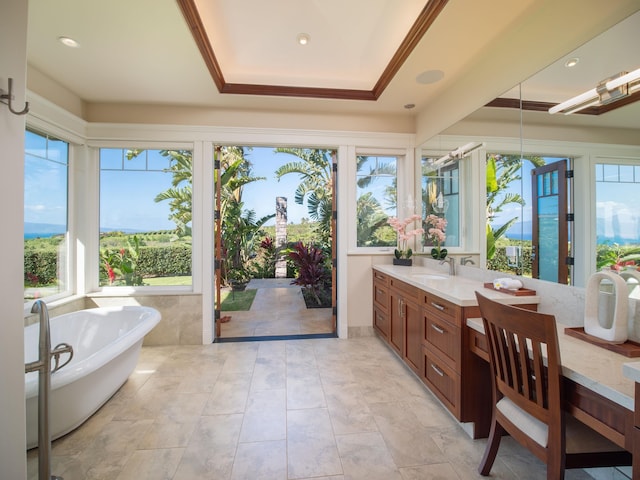 bathroom featuring a washtub and vanity