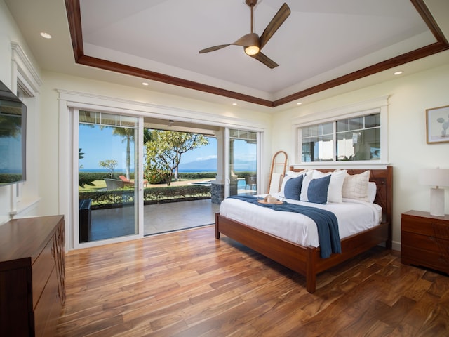 bedroom featuring dark hardwood / wood-style floors, ceiling fan, access to exterior, and a raised ceiling