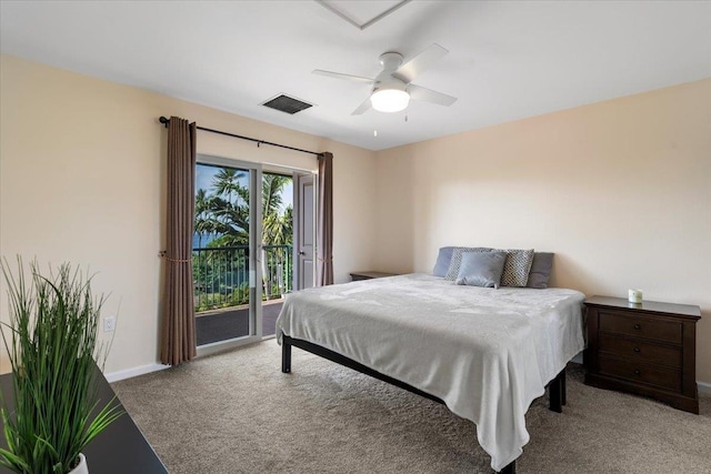 bedroom with light carpet, access to outside, and ceiling fan