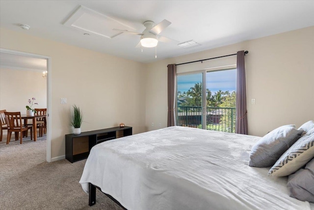 bedroom featuring access to outside, light colored carpet, and ceiling fan