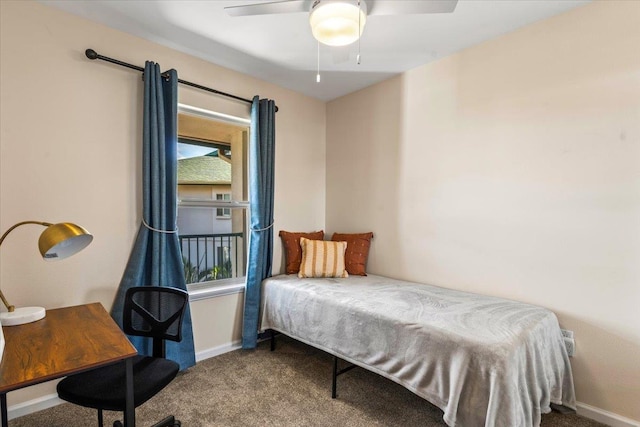 bedroom featuring ceiling fan and carpet flooring