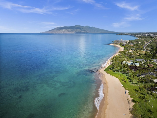 view of water feature with a beach view and a mountain view