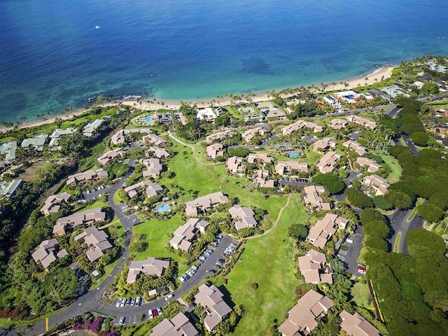 bird's eye view with a residential view, a water view, and a beach view