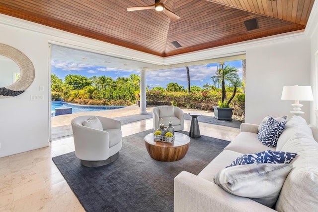 living room featuring wood ceiling and ceiling fan