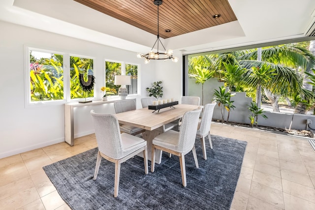 tiled dining area with an inviting chandelier, wood ceiling, and a raised ceiling