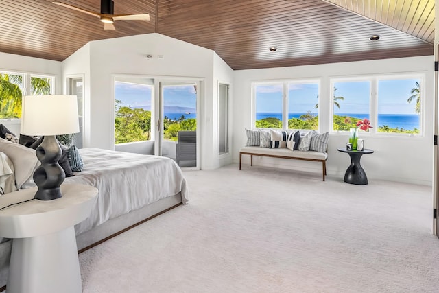 bedroom featuring a water view, ceiling fan, and multiple windows