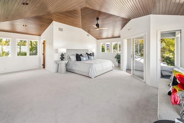 carpeted bedroom featuring access to outside, high vaulted ceiling, and wooden ceiling