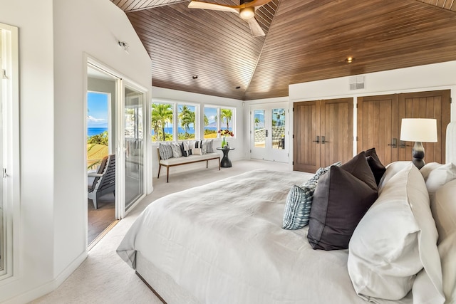 bedroom with light carpet, lofted ceiling, wooden ceiling, and access to outside