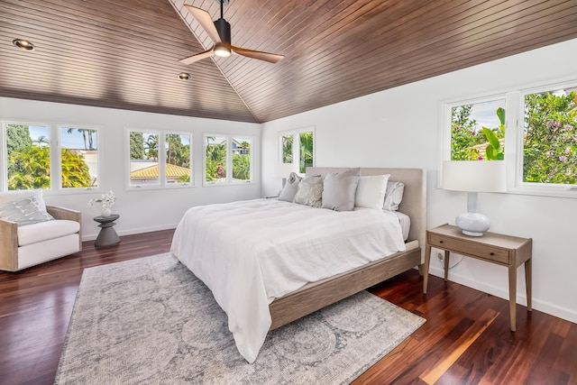 bedroom featuring wood ceiling, lofted ceiling, ceiling fan, and dark wood-type flooring