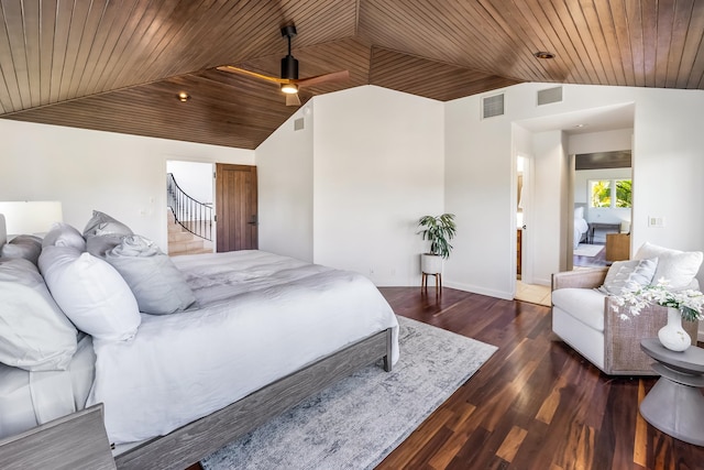 bedroom featuring lofted ceiling, wood ceiling, dark hardwood / wood-style floors, and ceiling fan