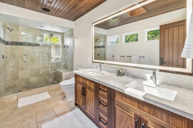 bathroom featuring vanity, plenty of natural light, toilet, and a shower with door