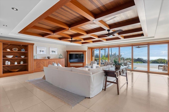 living room with wooden ceiling, coffered ceiling, built in features, and light tile patterned flooring