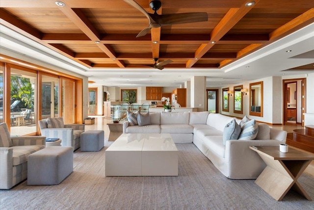 interior space featuring beamed ceiling, coffered ceiling, and wooden ceiling