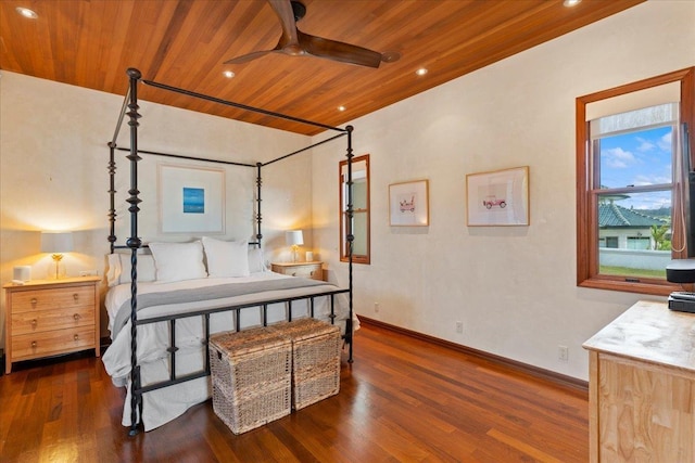 bedroom featuring ceiling fan, dark hardwood / wood-style flooring, and wooden ceiling