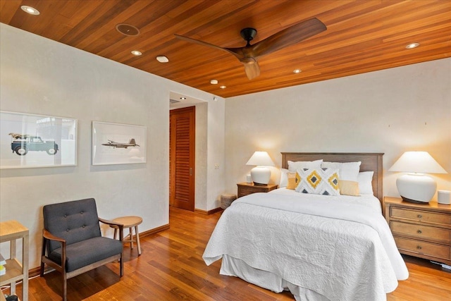 bedroom featuring ceiling fan, wooden ceiling, and hardwood / wood-style flooring