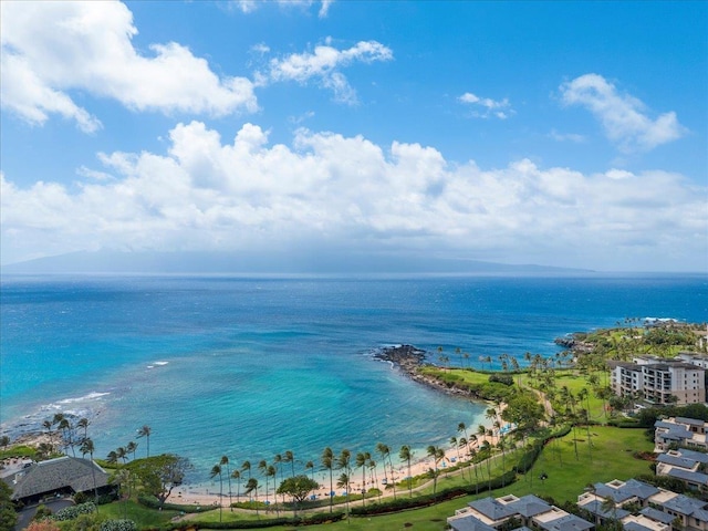 drone / aerial view with a water view