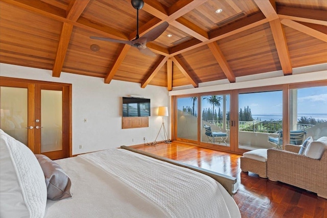 bedroom featuring access to outside, lofted ceiling with beams, hardwood / wood-style flooring, french doors, and wooden ceiling