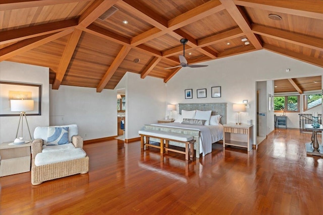 bedroom with wood-type flooring, lofted ceiling with beams, and wood ceiling