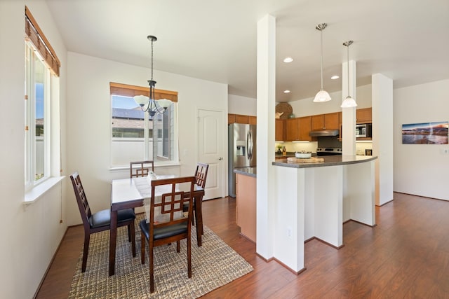 124 Kapela Pl, Kahului, HI 96732 - kitchen with brown cabinets, dark countertops, under cabinet range hood, appliances with stainless steel finishes, and dark wood-style floors