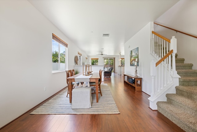 124 Kapela Pl, Kahului, HI 96732 - dining room with ceiling fan, stairs, visible vents, and wood-type flooring
