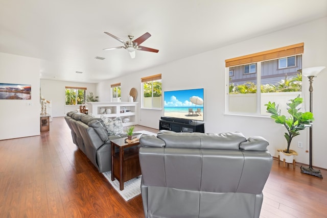 124 Kapela Pl, Kahului, HI 96732 - living area with a ceiling fan, visible vents, and dark wood-style floors