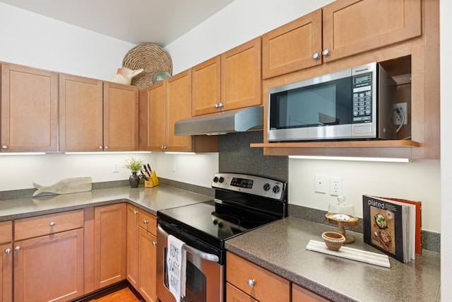 124 Kapela Pl, Kahului, HI 96732 - kitchen featuring dark countertops, appliances with stainless steel finishes, and under cabinet range hood