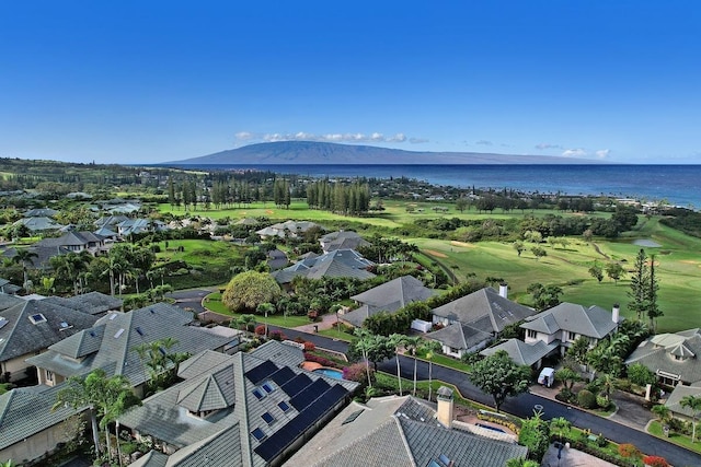 bird's eye view featuring a water and mountain view