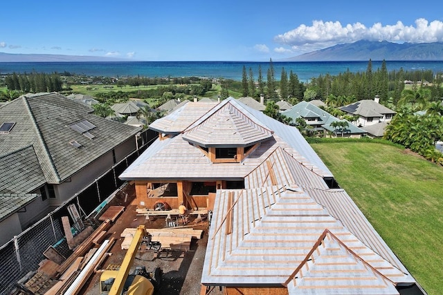 bird's eye view with a water and mountain view