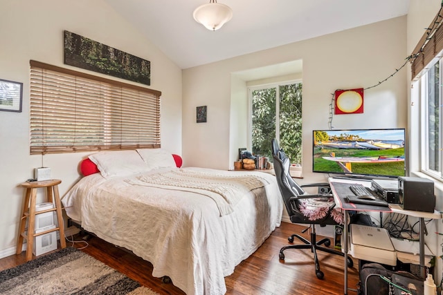 bedroom featuring dark hardwood / wood-style floors, lofted ceiling, and multiple windows