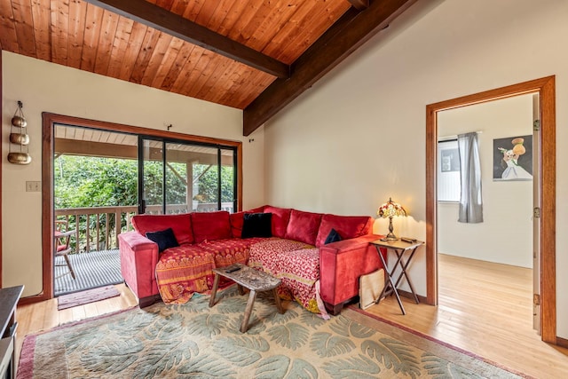 living room featuring hardwood / wood-style flooring, beamed ceiling, and wooden ceiling