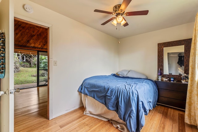 bedroom featuring light hardwood / wood-style flooring and ceiling fan