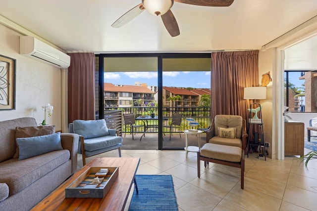 living room with a wall mounted air conditioner, plenty of natural light, floor to ceiling windows, and light tile patterned floors