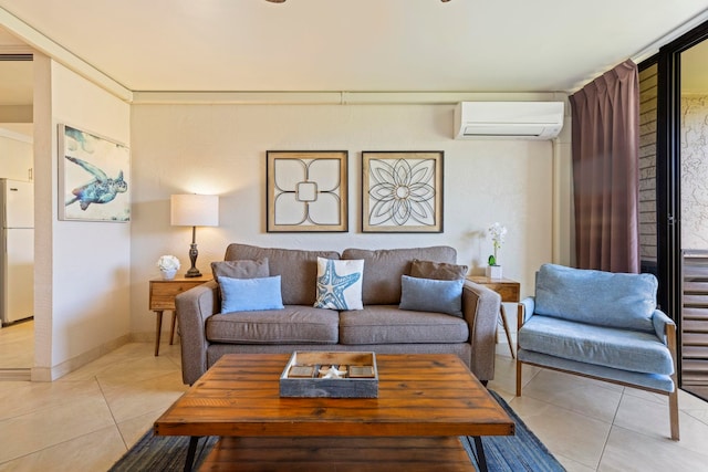 living room featuring a wall mounted air conditioner and light tile patterned floors