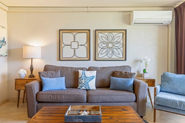 living room with tile patterned flooring and a wall mounted AC