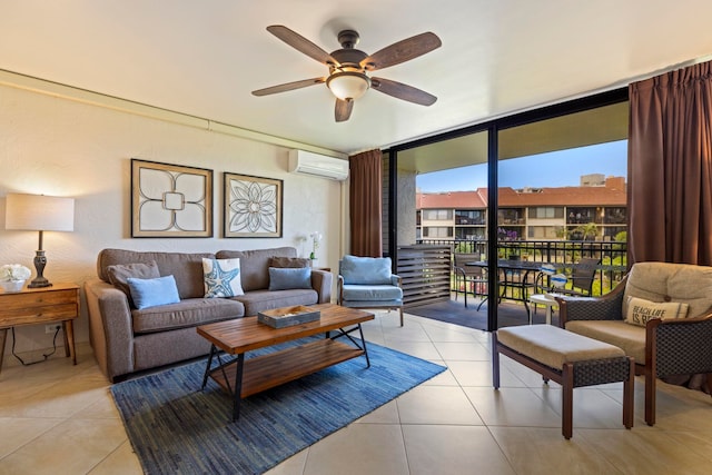 living room featuring ceiling fan, light tile patterned floors, a wall mounted air conditioner, and a wall of windows