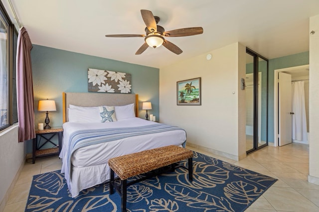 tiled bedroom with ceiling fan