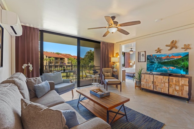 tiled living room featuring ceiling fan, a wall of windows, and a wall mounted AC