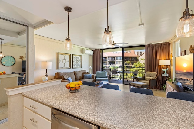 kitchen with a wall unit AC, ceiling fan, pendant lighting, a wall of windows, and dishwasher