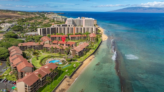 aerial view with a view of the beach and a water view