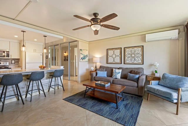 tiled living room with ceiling fan and an AC wall unit