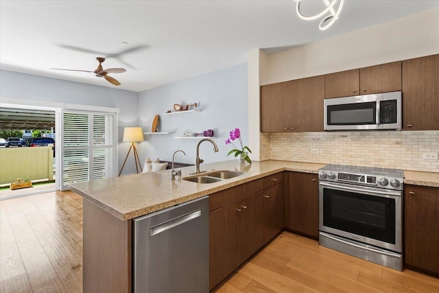 kitchen with tasteful backsplash, light wood-type flooring, appliances with stainless steel finishes, a peninsula, and a sink