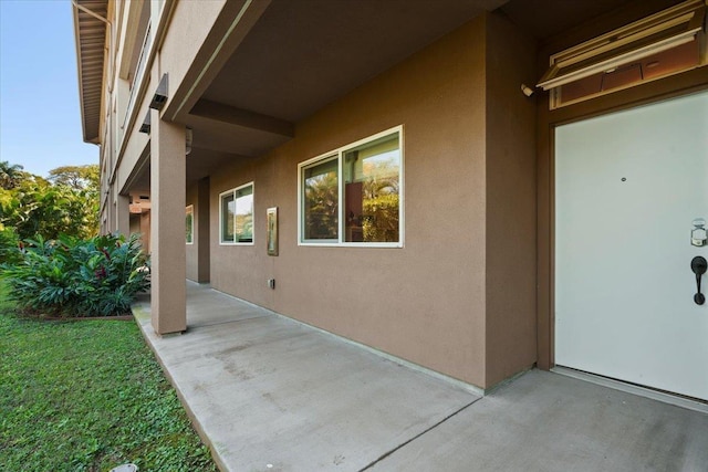 doorway to property featuring stucco siding and a patio