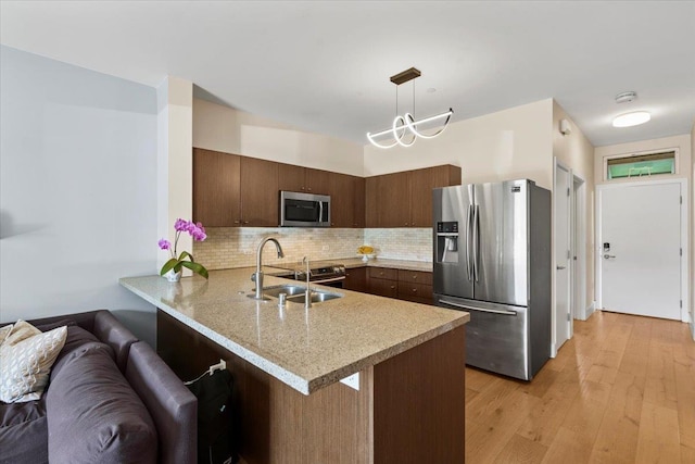 kitchen featuring a peninsula, a sink, appliances with stainless steel finishes, light wood-type flooring, and backsplash